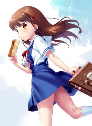  1girl aged_up bag blue_skirt brown_eyes brown_hair clannad commentary_request feet_out_of_frame hair_ornament hairclip hikarizaka_private_high_school_uniform long_hair okazaki_ushio sailor_collar sailor_shirt school_bag school_uniform serafuku shirt skirt socks solo summer_uniform suspender_skirt suspenders white_sailor_collar white_shirt white_socks zen_(kamuro) 