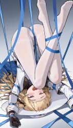 1girl :d absurdres ass black_gloves blonde_hair blue_eyes blush bound bound_wrists crop_top cropped_shirt embarrassed feet from_behind gloves half-closed_eyes happy hat highres long_hair long_sleeves open_mouth pantyhose phoebe_(wuthering_waves) ribbon ribbon_bondage ryeon_(naturesan) shirt skirt smile solo sun_hat tears top-down_bottom-up white_hat white_pantyhose white_shirt white_skirt wuthering_waves rating:Questionable score:29 user:danbooru