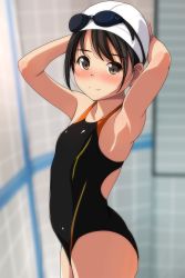  1girl absurdres armpits arms_behind_head arms_up bare_arms bare_shoulders black_hair black_one-piece_swimsuit blurry blurry_background blush breasts brown_eyes closed_mouth competition_swimsuit depth_of_field goggles goggles_on_headwear highres indoors matsunaga_kouyou nose_blush one-piece_swimsuit original small_breasts smile solo swim_cap swimsuit tile_wall tiles  rating:Sensitive score:50 user:danbooru