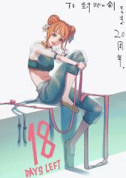  1girl aduti_momoyama dancer double_bun fire_emblem fire_emblem:_the_binding_blade green_eyes hair_bun highres hugging_own_leg larum_(fire_emblem) midriff nintendo open_mouth orange_hair ribbon see-through_clothes see-through_sleeves smile solo yellow_eyes 