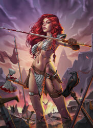  1girl armor arrow_(projectile) axe bikini_armor bird blood bloody_weapon breasts brown_gloves crow douglas_bicalho dual_wielding gloves highres holding holding_axe holding_sword holding_weapon long_hair looking_at_viewer navel planted planted_polearm polearm red_sonja red_sonja_(comics) small_breasts solo sword weapon 
