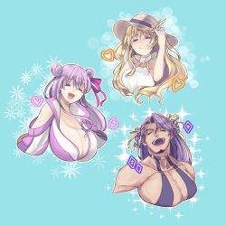  1boy 25uha 2girls bb_(fate) bb_dubai_(fate) bb_dubai_(fate)_(cosplay) black_dress blurry bokeh breasts cosplay crossdressing depth_of_field dress duryodhana_(fate) ereshkigal_(fate) fabulous facial_hair fate/grand_order fate_(series) goatee goatee_stubble hat highres huge_breasts large_pectorals long_hair male_focus mature_male multiple_girls muscular muscular_male passionlip_(celeb_summer_experience_swimsuit)_(fate) passionlip_(fate) pectoral_cleavage pectorals purple_eyes purple_hair ribbon sidepec smile space_ereshkigal_(fate) space_ereshkigal_(first_ascension)_(fate) sparkle sparkling_aura stubble sun_hat yellow_ribbon 