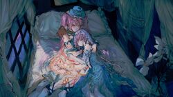  2girls absurdres ankle_bow ankle_ribbon bare_shoulders bedroom blue_bow blue_choker blue_dress blue_gloves blue_hat blue_veil bow brown_eyes chaogecc choker closed_eyes closed_mouth curtains dance_till_dawn_(infinity_nikki) dark daughter_of_the_lake_(infinity_nikki) detached_sleeves diamond_print dress elbow_gloves expressionless eyelashes feet_out_of_frame flower frilled_dress frilled_gloves frills gloves gown hat hat_ribbon highres hug indoors infinity_nikki lap_pillow light_blush lipstick lolita_fashion long_dress long_sleeves looking_at_another lying makeup medium_dress multiple_girls night nikki_(series) no_shoes official_alternate_color on_bed on_side orchid pantyhose pillow pink_lips pink_ribbon plaid_clothes plaid_gloves ribbon see-through_clothes see-through_veil sitting sleeping smile strapless strapless_dress stuffed_animal stuffed_toy teddy_bear top_hat vase veil vertical-striped_sleeves white_flower white_pantyhose white_sleeves white_wrist_cuffs window wrist_cuffs 