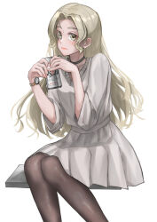  1girl beer_can black_choker black_pantyhose blonde_hair can choker drink_can grey_shirt grey_skirt hands_up highres holding holding_can john_(pixiv_66722607) lipstick long_hair makeup original pantyhose parted_bangs shirt simple_background sitting skirt solo watch white_background wristwatch yellow_eyes 