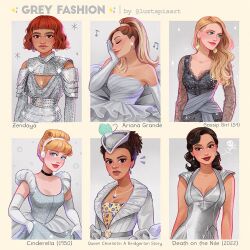  6+girls ariana_grande blonde_hair blue_eyes bob_cut breasts bridgerton brown_hair character_name choker cinderella_(disney_character) cinderella_(disney_movie) cleavage cleavage_cutout closed_eyes clothing_cutout coat commentary copyright_name curly_hair dark-skinned_female dark_skin death_on_the_nile dress english_commentary fashion glitter gloves gossip_girl grey_coat grey_dress grey_gloves grey_theme hairband hat headwear_request high_ponytail jewelry linnet_ridgeway_doyle long_hair looking_at_viewer luztapiaart multicolored_hair multiple_drawing_challenge multiple_girls necklace ponytail princess puffy_short_sleeves puffy_sleeves queen_charlotte:_a_bridgerton_story queen_charlotte_(bridgerton) real_life red_hair serena_van_der_woodsen short_hair short_sleeves strapless strapless_dress updo wavy_hair white_gloves zendaya 