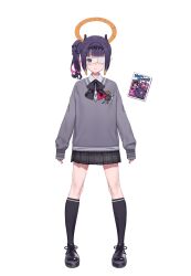  1girl ao-chan_(ninomae_ina&#039;nis) black_ribbon black_shoes black_skirt black_socks blue_eyes blunt_bangs closed_mouth collared_shirt colored_inner_hair eyepatch full_body gradient_hair grey_sweater halo highres hololive hololive_english kneehighs kuroboshi_kouhaku medical_eyepatch miniskirt multicolored_hair neck_ribbon ninomae_ina&#039;nis ninomae_ina&#039;nis_(school_uniform) official_alternate_costume official_alternate_hairstyle orange_hair pink_hair plaid_clothes plaid_skirt pleated_skirt purple_hair ribbon school_uniform second-party_source shirt shoes short_hair side_ponytail sidelocks simple_background skirt sleeves_past_wrists socks solo straight-on sweater tachi-e tentacle_hair transparent_background v-neck virtual_youtuber white_shirt 