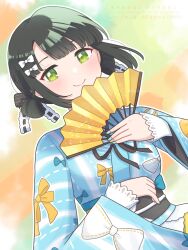 1girl 37.5c_no_fantasy absurdres black_bow black_hair black_sash blue_kimono blue_nails blush bow bow_print closed_mouth commentary dotted_line folding_fan green_background green_eyes hair_bow hair_rings hand_fan highres holding holding_fan japanese_clothes kimono layered_sleeves link!_like!_love_live! long_sleeves love_live! miyaco_(shirataki_168) momose_ginko multicolored_nails obi obiage obijime official_alternate_costume orange_background pinstripe_bow print_kimono sash sleeves_past_wrists smile solo split_mouth striped_clothes striped_kimono two-tone_background two-tone_nails upper_body virtual_youtuber watermark white_bow yellow_nails 