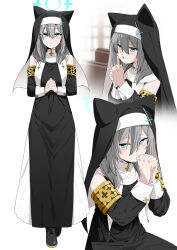  1girl absurdres aqua_halo b.t._(boob_tong) black_shoes black_veil blue_archive breasts closed_mouth full_body grey_hair halo highres light_blush looking_at_viewer medium_hair multiple_views nun open_mouth own_hands_together praying shiroko_(blue_archive) shoes solo upper_body veil 