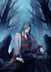  1boy ahoge an_d_01 bare_tree bishounen black_boots black_hair black_hanfu boots chinese_clothes coat collarbone crossed_legs dizi flute flute_tassel fog forest grey_coat hair_down hair_ribbon half_updo hanfu holding holding_flute holding_instrument instrument light_particles long_hair long_sleeves looking_at_viewer male_focus modao_zushi nature official_alternate_costume official_alternate_hairstyle on_rock open_clothes open_coat open_mouth outdoors pectoral_cleavage pectorals red_eyes red_ribbon red_sash ribbon robe rock sash shoe_soles sidelocks sitting smile solo tassel transverse_flute tree twitter_username watermark wei_wuxian wei_wuxian_(yiling_laozu) wide_sleeves 