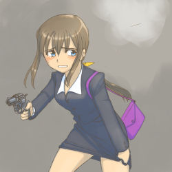  1girl bag blue_eyes blush brown_hair clothes_pull gun handbag handgun highres holding holding_gun holding_weapon kageng long_hair office_lady original pencil_skirt ponytail revolver simple_background skirt skirt_pull solo sweatdrop trigger_discipline weapon  rating:Sensitive score:13 user:danbooru