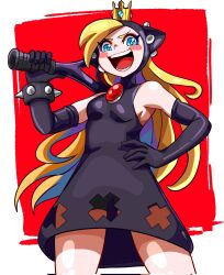 1girl axe blonde_hair blue_eyes blush_stickers bracelet breasts cowboy_shot eyeshadow gloves hand_on_own_hip highres holding holding_axe holding_tennis_racket jewelry laughing looking_at_viewer makeup mario_(series) mario_power_tennis mario_tennis nintendo notus_49 open_mouth purple_gloves red_eyeshadow small_breasts solo spiked_bracelet spikes warupeach 