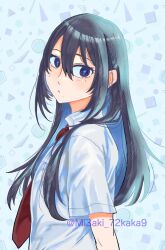  1girl black_eyes black_hair blue_background blue_theme breast_pocket circle closed_mouth collared_shirt commentary_request futsuu_no_keion-bu hair_between_eyes kameya_san long_hair mi3aki_72kaka9 mole mole_on_cheek mole_under_eye mole_under_mouth necktie pocket red_necktie school_uniform shapes shirt short_sleeves solo square summer_uniform triangle twitter_username upper_body white_shirt 