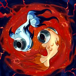  alternate_color animal_focus barri10 black_eyes chi-yu_(pokemon) commentary english_commentary fins fish full_body head_fins highres lava nintendo no_humans official_alternate_color pisces_(zodiac) pokemon pokemon_(creature) pokemon_focus shiny_and_normal shiny_pokemon swimming zodiac 