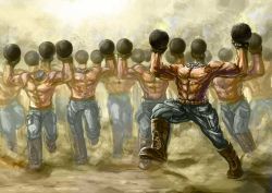 6+boys abs beheaded_kamikaze bomb boots cargo_pants denim explosive jeans kuro_dora male_focus multiple_boys muscular pants sand screaming serious_sam topless_male 