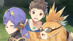  1girl 2boys android bandaid bandaid_on_face bandaid_on_nose blonde_hair blue_tank_top blush brown_eyes brown_hair closed_eyes collarbone commentary_request creature gem goggles grass joints long_hair low_twintails maintenance multiple_boys no_headwear nopon open_mouth outdoors poppi_(xenoblade) poppi_alpha_(xenoblade) purple_hair rex_(xenoblade) robot_joints sleeveless tank_top tora_(xenoblade_2) twintails upper_body v-shaped_eyebrows xenoblade_chronicles_(series) xenoblade_chronicles_2 yappen 
