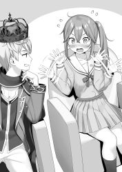 1boy 1girl abaddon_(sasaki_to_p-chan) absurdres afterimage black_socks blush closed_mouth collarbone couch cowboy_shot crown embarrassed flustered hair_between_eyes highres kantoku long_hair long_sleeves motion_lines on_couch open_mouth otonari-san_(sasaki_to_p-chan) palms pleated_skirt ponytail profile ribbon sasaki_to_p-chan school_uniform short_hair simple_background sitting skirt smile socks sweatdrop teeth thighs v-shaped_eyebrows waving wavy_mouth white_background 