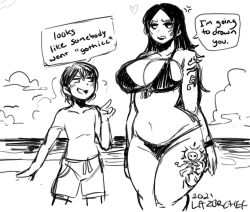  1boy 1girl 2021 age_difference anger_vein angry arm_tattoo artist_name beach bikini black_hair blush breasts cloud cloudy_sky curvy english_text gothic_lolita heart large_breasts lazorchef leg_tattoo lolita_fashion long_hair monochrome original short_male signature size_difference sketch sky speech_bubble swimsuit tall_female tattoo thick_thighs thighs thong water 