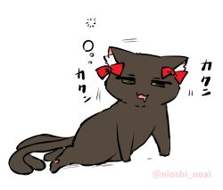  :3 animal_focus black_cat bow cat commentary_request full_body kaenbyou_rin kaenbyou_rin_(cat) multiple_tails no_humans noai_nioshi open_mouth red_bow simple_background sleepy squeans tail touhou two_tails white_background 