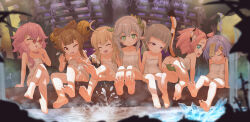 6+girls ahoge animal_ears bare_legs bare_shoulders barefoot blonde_hair cat_ears cat_tail chinese_commentary closed_eyes commentary_request convenient_censoring crossed_legs dated_commentary diona_(genshin_impact) dori_(genshin_impact) female_focus flat_chest full_body genshin_impact glasses green_eyes highres huan_yu klee_(genshin_impact) leaf loli looking_at_viewer multiple_girls nahida_(genshin_impact) ojou-sama_pose open_mouth pink_hair qiqi_(genshin_impact) red_eyes revision sayu_(genshin_impact) soles splashing tail toes towel water yaoyao_(genshin_impact) rating:Questionable score:500 user:danbooru