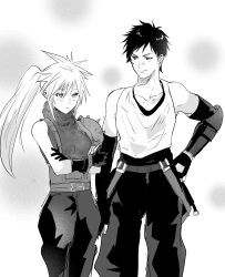  1boy 1girl blush breasts closed_mouth cloud_strife elbow_gloves final_fantasy final_fantasy_vii genderswap genderswap_(ftm) genderswap_(mtf) gloves greyscale highres long_hair monochrome motsutei ponytail short_hair sleeveless sleeveless_turtleneck spiked_hair tifa_lockhart turtleneck white_background 