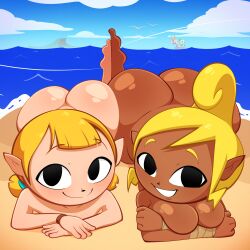  2girls absurdres aryll ass ass-to-ass asymmetrical_docking beach black_eyes blonde_hair blue_sky breast_press breasts closed_mouth completely_nude crossed_arms dark-skinned_female dark_skin day eyebrows female_focus flashfigure flat_chest from_above grin highres huge_ass kyojiri_loli large_breasts loli looking_at_viewer low_twintails lying multiple_girls nintendo nude ocean on_stomach oppai_loli outdoors pointy_ears sand short_hair short_twintails sky smile teeth tetra the_legend_of_zelda the_legend_of_zelda:_the_wind_waker twintails water 