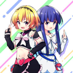 2girls arm_up arm_warmers belt black_gloves black_shirt black_skirt blonde_hair blunt_bangs bow commentary_request cosplay cure_black cure_black_(cosplay) cure_white cure_white_(cosplay) dress fang fingerless_gloves furude_rika futari_wa_precure gloves hairband hand_on_own_hip hazumi_otoya highres higurashi_no_naku_koro_ni houjou_satoko locked_arms long_hair magical_girl midriff miniskirt multiple_girls navel open_mouth pouch precure purple_eyes purple_hair ribbon shirt short_hair skirt smile white_dress rating:Sensitive score:9 user:danbooru