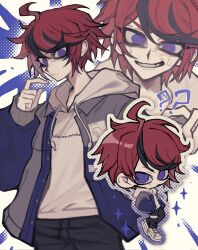 1boy ahoge black_hair blue_eyes chibi closed_mouth english_text looking_at_viewer male_focus multicolored_eyes multicolored_hair multiple_views open_mouth red_eyes red_hair simple_background solo sumino_takumi sweat teeth the_hundred_line_-last_defense_academy- white_background