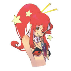  1girl bikini black_bikini breasts cleavage cup drink drinking drinking_glass drinking_straw flame_print hair_ornament hairpin holding holding_cup long_hair looking_at_viewer medium_breasts one_eye_closed ponytail print_bikini red_hair scarf skull_hair_ornament smile star_(symbol) star_hair_ornament striped_clothes striped_scarf swimsuit tengen_toppa_gurren_lagann upper_body white_background white_scarf wink yellow_eyes yoko_littner yoshinari_you 