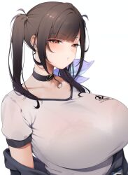  1girl absurdres ahoge arms_at_sides black_bra black_choker black_hair black_jacket blunt_bangs bra bra_visible_through_clothes breasts choker closed_mouth collarbone commentary earbuds earphones f7k_x5 goddess_of_victory:_nikke highres huge_breasts jacket lace lace-trimmed_bra lace_trim long_hair looking_ahead off_shoulder open_clothes open_jacket orange_eyes pendant_choker see-through_clothes see-through_shirt shirt short_sleeves simple_background solo sora_(nikke) twintails underwear upper_body white_background white_shirt 