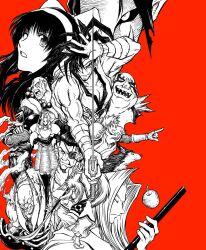 2girls 6+boys ainu_clothes apple armor black_hair charlotte_christine_de_colde claw_(weapon) closed_eyes crossed_arms dog earthquake eyepatch feet fighting_stance food fruit galford_d_weller gen-an gloves hair_ribbon hand_on_own_chin haoumaru highres japanese_clothes legs long_hair looking_at_viewer mask monochrome multiple_boys multiple_girls muscular muscular_male nakoruru nightow_yasuhiro ninja open_mouth ponytail poppy ribbon samurai_spirits sharp_teeth sketch smile snk sword tachibana_ukyou tam_tam teeth thighs wan-fu weapon yagyuu_juubei_(samurai_spirits)