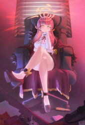1girl absurdres artist_name aru_(blue_archive) ass black_footwear black_jacket black_skirt blouse blue_archive blush breasts brown_jacket bullet card chair closed_mouth coat coat_on_shoulders credit_card crossed_legs demon_girl demon_horns dot_nose feet fur_coat gloves halo hancho hand_on_own_face hand_up high_heels highres holding horns id_card jacket large_breasts legs long_coat long_hair long_sleeves on_chair orange_eyes paper pen phone pink_eyes pink_hair red_eyes red_hair red_ribbon ribbon shirt sitting skirt slit smile smirk solo thighs toe_cleavage wallet white_gloves white_shirt rating:General score:28 user:danbooru