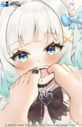  2girls aqua_eyes artist_logo artist_name barefoot black_nails blue_bow blue_eyes blush bow bowtie brown_bow brown_bowtie character_request copyright_request dokibird_(vtuber) english_text eyelashes feet foot_focus gradient_hair grey_hair hair_bow hair_ornament highres licking licking_foot logo looking_at_viewer medium_hair mint_fantome multicolored_hair multiple_girls nail_polish open_mouth saliva solo_focus toenail_polish toenails toes tongue tongue_out ueharam virtual_youtuber x_hair_ornament 