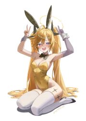  1girl absurdres animal_ear_hairband animal_ears armpits bare_shoulders black_bow black_bowtie black_hairband black_shoes blonde_hair blue_eyes blush bow bowtie clear_(djmax) detached_collar djmax djmax_respect double_v elbow_gloves fake_animal_ears gloves hair_between_eyes hairband high_heels highleg highleg_leotard highres leotard long_hair looking_at_viewer open_mouth playboy_bunny purple_gloves rabbit_ear_hairband rabbit_ears seiza shoes shuriken_hair_ornament sidelocks single_elbow_glove single_glove sitting solo syc2159 teeth thighhighs twintails upper_teeth_only v white_thighhighs wrist_cuffs yellow_leotard 