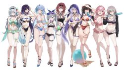  6+girls acheron_(honkai:_star_rail) alternate_costume ball bare_legs bare_shoulders baseball_bat beachball bikini black_bikini black_hair black_hairband black_swan_(honkai:_star_rail) blowing_bubble_gum blowing_bubbles breasts chewing_gum drink eyewear_on_head firefly_(honkai:_star_rail) full_body goggles goggles_on_head green_bikini grey_hair hairband higashiwun_izumi highres holding holding_baseball_bat holding_drink holding_water_gun honkai:_star_rail honkai_(series) kafka_(honkai:_star_rail) large_breasts long_hair march_7th_(honkai:_star_rail) multicolored_eyes multiple_girls navel one_eye_closed pink_bikini purple_bikini purple_eyes purple_hair purple_veil red_bikini robin_(honkai:_star_rail) round_eyewear sandals silver_wolf_(honkai:_star_rail) simple_background small_breasts sparkle sparkle_(honkai:_star_rail) stelle_(honkai:_star_rail) swimsuit toes trailblazer_(honkai:_star_rail) twintails two-tone_eyes veil water_gun white_background white_bikini yellow_eyes  rating:Sensitive score:61 user:danbooru