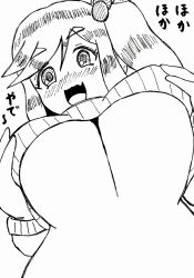  10s 1girl blush breasts fang female_focus from_below hands_on_own_chest inuyama_aoi large_breasts long_hair looking_at_viewer looking_down monochrome open_mouth side_ponytail simple_background smile solo thick_eyebrows traditional_media translation_request underboob upper_body watermelon_(pixiv368957) white_background yurucamp 