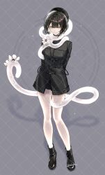  1girl ankle_boots arms_behind_back beret black_boots black_dress black_hair black_hat bob_cut boots dress flower full_body grey_background hat highres indasu10 jie_(xinyue_tongxing) long_sleeves looking_at_viewer pantyhose short_dress short_hair smile snake solo standing watermark watermark_grid white_flower white_pantyhose xinyue_tongxing yellow_eyes 
