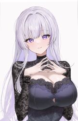  1girl absurdres black_dress blunt_bangs breasts cleavage cleavage_cutout clothing_cutout colored_inner_hair commentary dress floral_print_dress grey_hair gurami_(zangizarang) hands_up highres large_breasts light_blush long_hair long_sleeves looking_at_viewer multicolored_hair original purple_eyes purple_hair smile steepled_fingers streaked_hair two-tone_dress upper_body white_background 