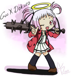  1girl angel club_(weapon) female_focus full_body guu_(jungle_wa_itsumo) halo jungle_wa_itsumo_hare_nochi_guu mitsukai_dokuro pink_hair red_eyes school_uniform serafuku solo standing twintails weapon  rating:Sensitive score:11 user:KoushirouIcheda