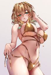  1girl aglaea_(honkai:_star_rail) alternate_costume bikini blonde_hair commentary fingernails gold_bikini golden_week green_eyes hair_between_eyes hand_in_own_hair hand_up highres honkai:_star_rail honkai_(series) kira_yukishiro long_hair looking_at_viewer nail_polish navel parted_lips patreon_username red_nails side-tie_bikini_bottom simple_background solo stomach swimsuit white_background 