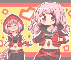  2girls bad_id bad_twitter_id belt black_gloves black_pants blunt_bangs blush braid chain clenched_hands closed_eyes closed_mouth collarbone cosplay crop_top fingerless_gloves gloves hood hood_up hooded_jacket jacket long_hair looking_at_viewer magia_record:_mahou_shoujo_madoka_magica_gaiden mahou_shoujo_madoka_magica multiple_girls navel open_clothes open_jacket pants pink_eyes pink_hair red_belt red_gloves red_jacket reverse_(bluefencer) shirt siblings sidelocks sisters smile sparkle tamaki_iroha tamaki_ui v-shaped_eyebrows  rating:Sensitive score:0 user:defenseless