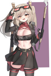  1girl absurdres adjusting_eyewear black_gloves black_jacket black_skirt black_thighhighs black_tube_top blonde_hair breasts burnice_white cleavage commentary eyewear_on_head fingerless_gloves flamethrower gloves highres holding holding_flamethrower holding_weapon jacket large_breasts medium_hair miniskirt navel open_mouth skirt solo stomach strapless sunglasses thighhighs thighs tist tube_top twintails two-tone_background weapon zenless_zone_zero 