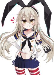  1girl anchor_hair_ornament black_hairband black_neckerchief black_panties blonde_hair blue_sailor_collar blue_skirt crop_top elbow_gloves gloves grey_eyes grin hair_between_eyes hair_ornament hairband hand_on_own_hip highleg highleg_panties highres kantai_collection long_hair looking_at_viewer microskirt miniskirt neckerchief notice_lines panties pleated_skirt r_you_yabai sailor_collar shimakaze_(kancolle) shirt simple_background skirt sleeveless sleeveless_shirt smile solo striped_clothes striped_thighhighs thighhighs underwear white_background white_gloves 