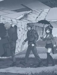  1girl 2boys aircraft airplane blazer blue_theme cosplay empty_eyes goggles hamsterfragment hat holding holding_umbrella jacket mary_poppins_(character) mary_poppins_(character)_(cosplay) medium_hair military military_combat_uniform military_uniform monochrome multiple_boys original paratrooper smile suicidal_girl_(hamsterfragment) umbrella 