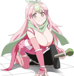  1girl blush bow breasts cleavage closed_mouth donguri_(reji22) elbow_gloves gloves green_eyes green_scarf hair_bow kusagakure_sakura large_breasts long_hair looking_at_viewer ninja ninja_to_koroshiya_no_futarigurashi pink_gloves pink_hair pink_thighhighs scarf simple_background smile solo thighhighs weapon white_background  rating:Sensitive score:0 user:tanaab1234567890