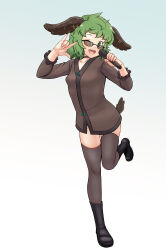  1girl absurdres animal_ears big_mouse black_boots boots breasts brown_dress brown_thighhighs commentary_request dog_ears dog_girl dog_tail dress frilled_sleeves frills full_body gradient_background green_eyes green_hair grey_background highres holding holding_microphone kasodani_kyouko long_sleeves looking_at_viewer m/ microphone one_eye_closed open_mouth seikan_hikou short_bangs short_dress short_hair small_breasts smile solo standing standing_on_one_leg tail teeth thighhighs tongue tongue_out touhou upper_teeth_only 
