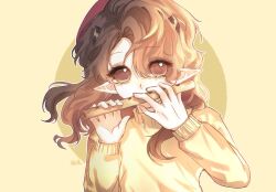  1girl beanie brown_eyes brown_hair cha0169469 child chinese_commentary commentary_request dragon_girl dragon_horns flute hat highres holding holding_flute holding_instrument horns instrument long_hair looking_at_viewer minecraft_youtube personification pointy_ears quackity_smp solo sweater tallulah_(old_design)_(quackity_smp) tallulah_(quackity_smp) variant_set yellow_background 