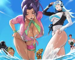  2girls 4boys blue_hair blue_sky breasts cleavage commentary english_commentary highres ice large_breasts long_hair luna_snow_(cool_summer) marvel marvel_rivals mugi_(mugit49) multiple_boys multiple_girls ocean official_alternate_costume one-piece_swimsuit psylocke psylocke_(breezy_butterfly) purple_hair purple_lips sky smile swimsuit venom_(marvel) wet 