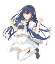  1girl ;d ascot black_ascot black_hair black_hairband bone_hair_ornament brown_shoes clothes_lift floating_hair full_body hair_between_eyes hair_ornament hairband hands_up happy jumping kushima_kamome loafers long_hair looking_at_viewer midriff_peek na-ga official_alternate_costume official_art one_eye_closed open_mouth puffy_short_sleeves puffy_sleeves school_uniform serafuku shirt shoes short_sleeves skirt skirt_lift skull_and_crossbones skull_hair_ornament smile solo summer_pockets summer_pockets_school_uniform tareme thighhighs very_long_hair w_arms white_serafuku white_shirt white_skirt white_thighhighs yellow_eyes 