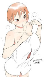  1girl bare_shoulders blush breasts brown_eyes collarbone cowboy_shot dated fanning_self large_breasts motion_lines naked_towel open_mouth orange_hair original short_hair signature simple_background solo steam sweat thighs towel tsukudani_(coke-buta) tsurime-chan white_background 