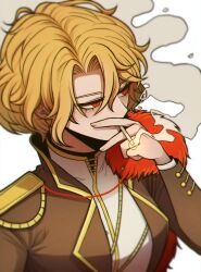  1girl blonde_hair breasts brown_jacket cigarette don_quixote_(project_moon) epaulettes feather_boa gold_trim highres holding holding_cigarette jacket limbus_company long_sleeves looking_to_the_side misg1111 project_moon red_eyes sancho_(project_moon) shirt short_hair simple_background single_epaulette small_breasts smoke smoking solo upper_body wavy_hair white_background white_shirt 